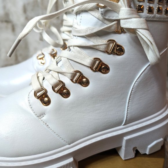 * Mata Shoes White Vegan Leather Studded Detail Fashion Combat Ankle Boots - Picture 9 of 15